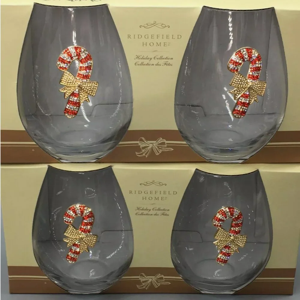 x4 Rhinestone Candy Cane Stemless Wine Glass Set Red Gold Bow Christmas Holidays